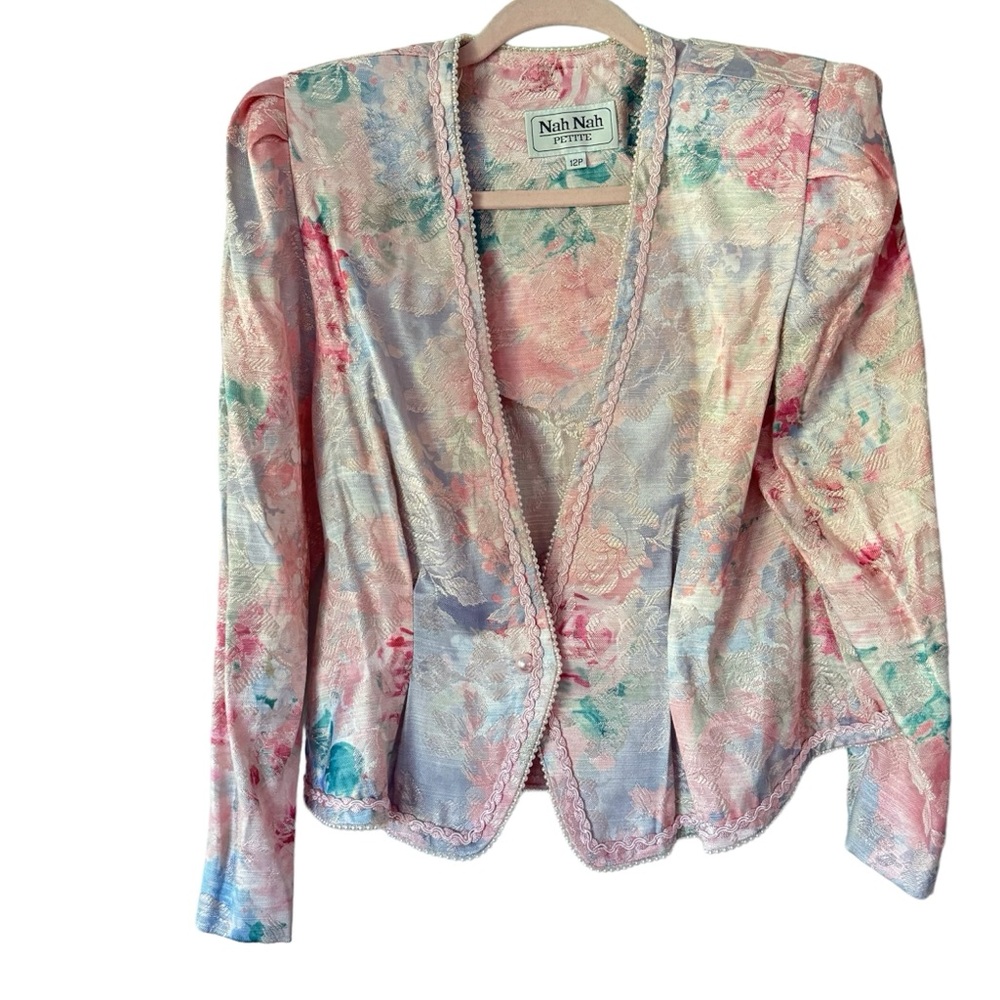 NAH NAH womens sz 12 petite vintage floral brocade pearl trim cottagecore blazer